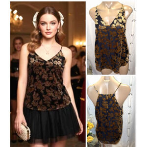 Y2k Velvet Burnout Cami L Black Gold Floral Sheer Coquette Whimsigoth Fairygoth